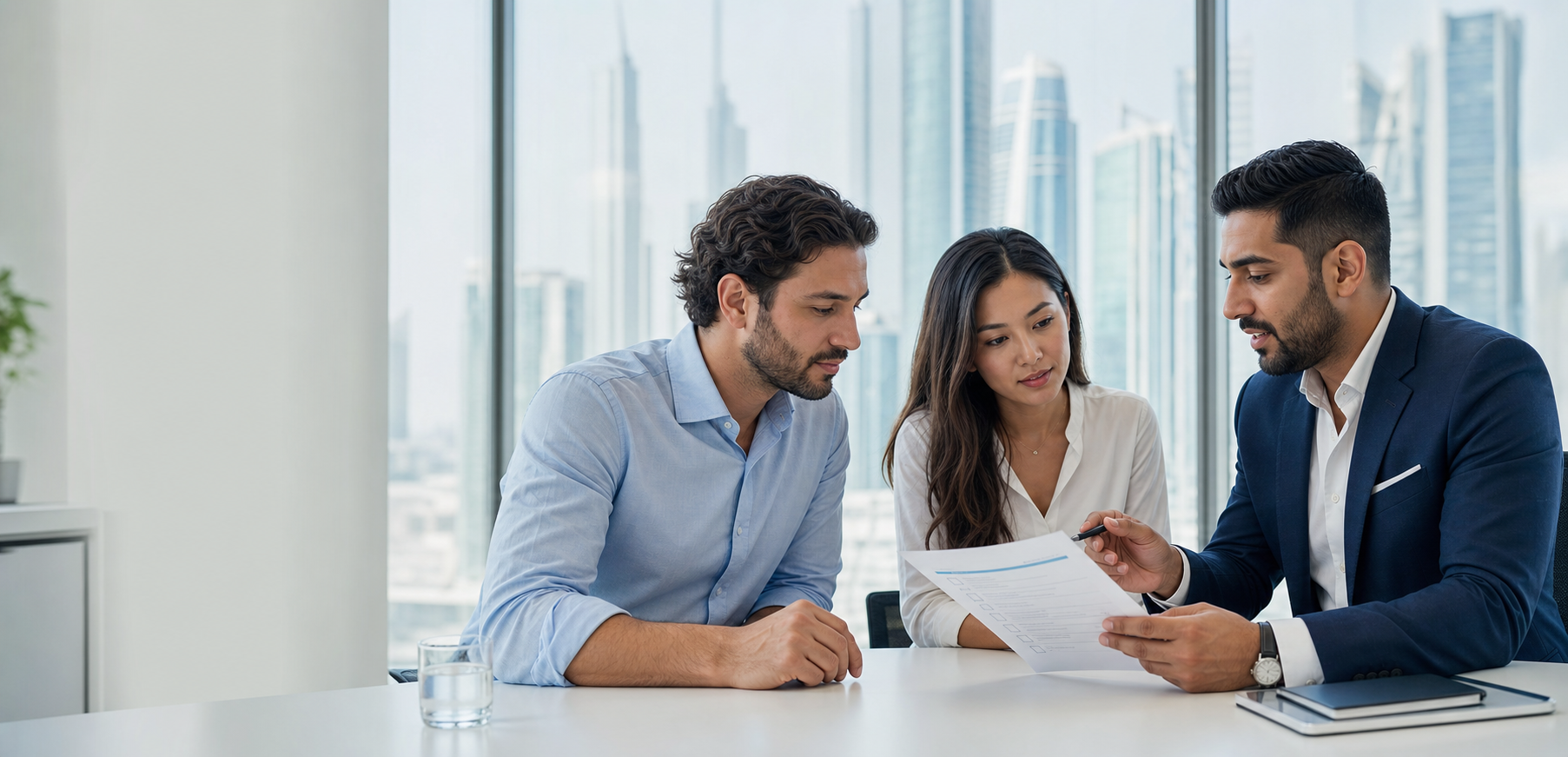Entrepreneurs reviewing a business setup checklist with a consultant